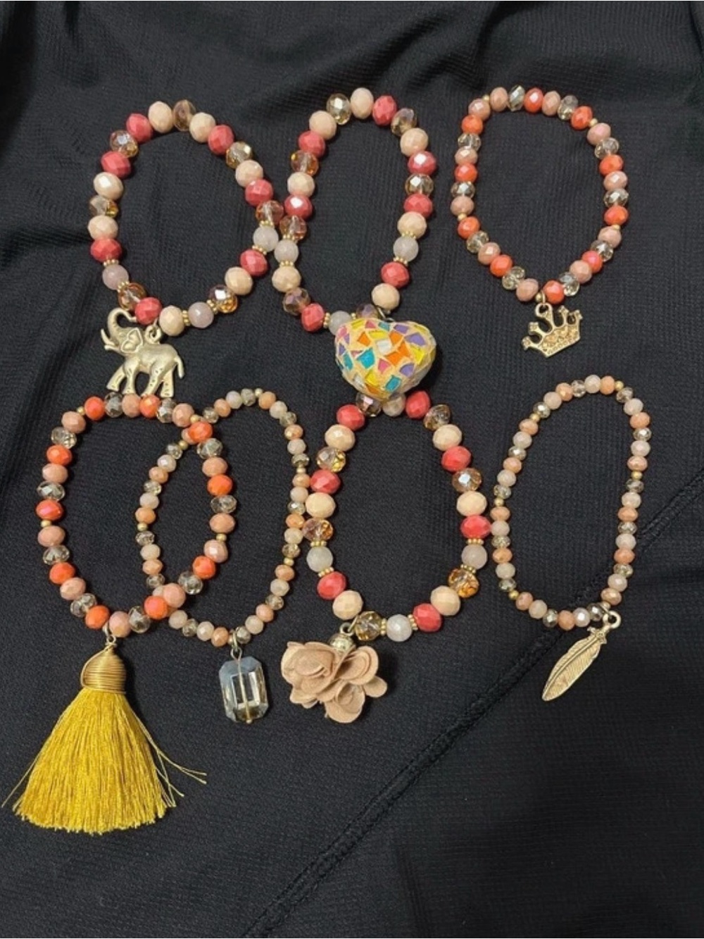 Coral & Beige Beaded Charm Bracelet Set with Gold Accents - Women Jewelry